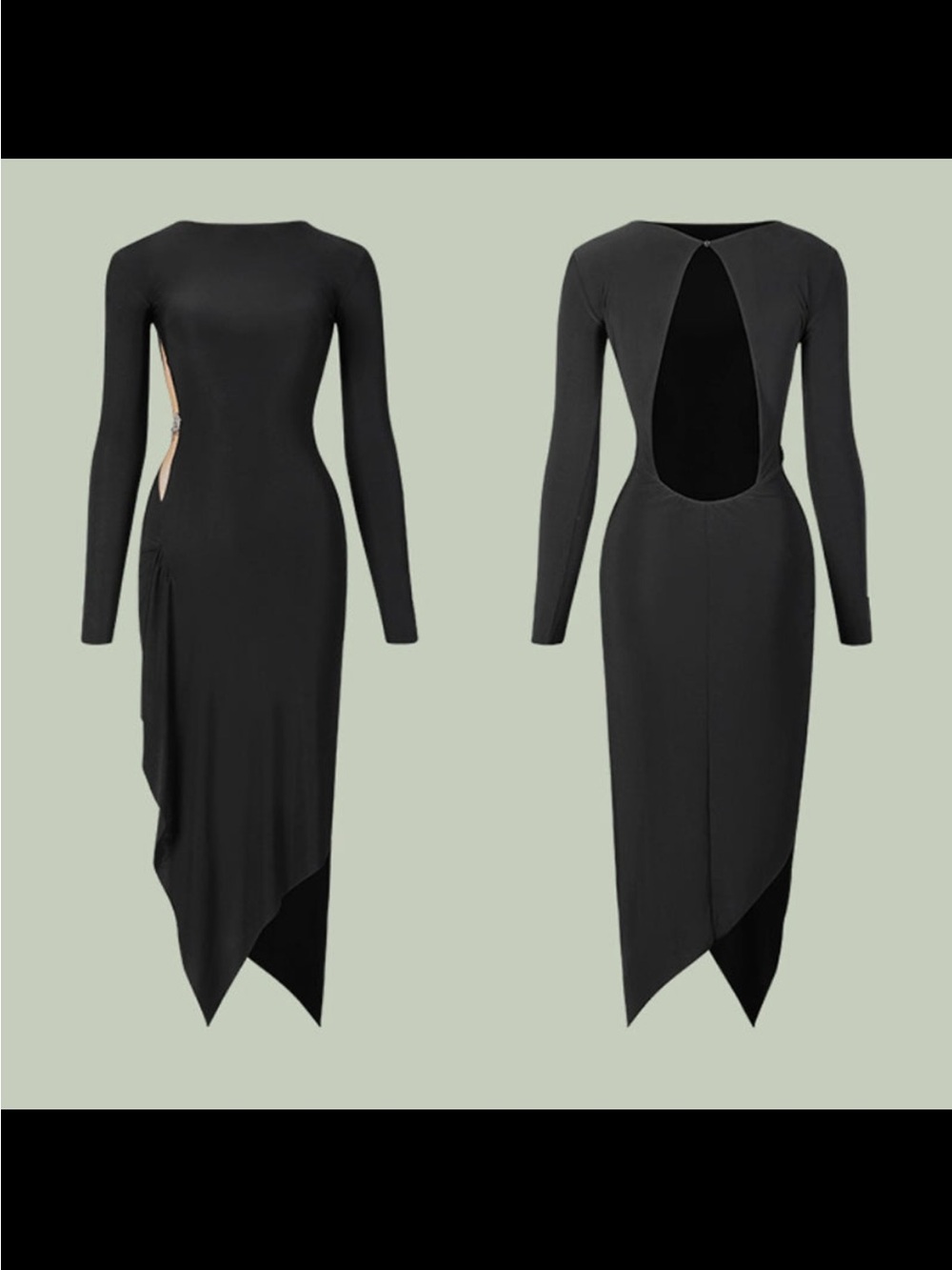 Elegant Black Asymmetrical Long-Sleeve Open-Back Dress